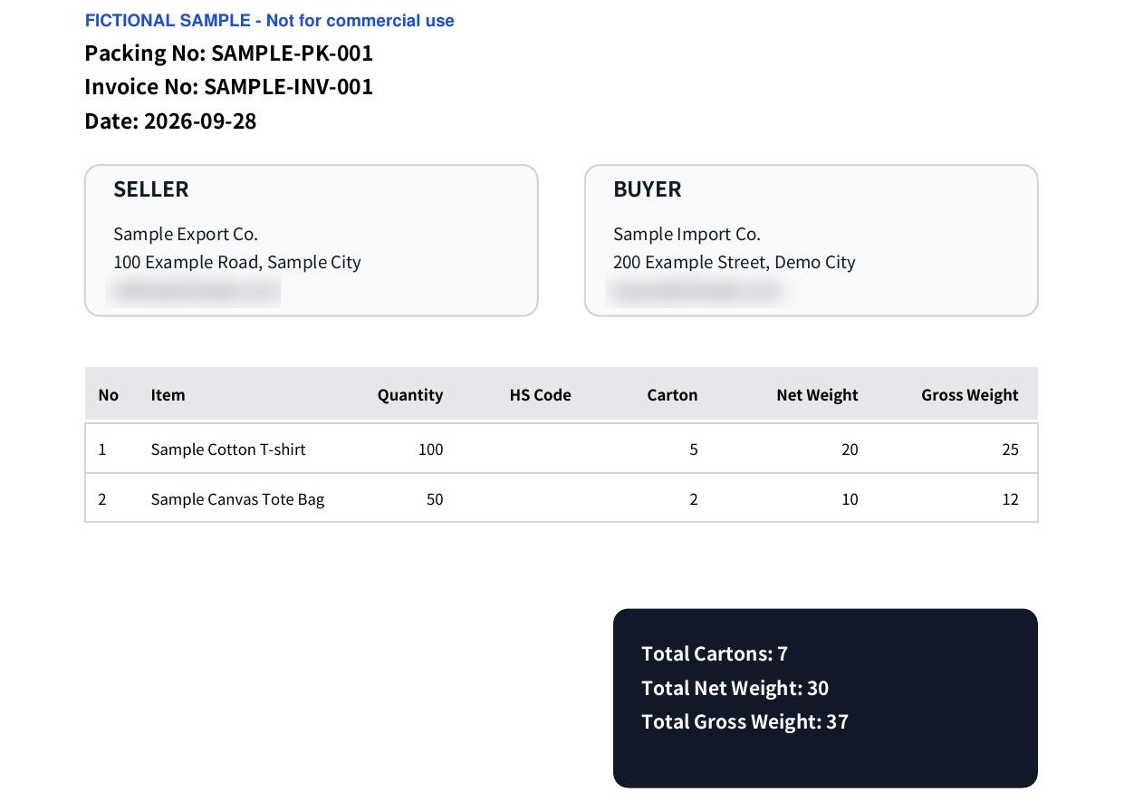 Trade Paper AI 공개 샘플 패킹리스트. 인보이스 번호 SAMPLE-INV-001이 붙어 있고, 품목별 상자 수 5개와 2개, 순중량과 총중량, 합계 7 cartons가 정리돼 있다. 예시 이메일 주소는 가렸다.